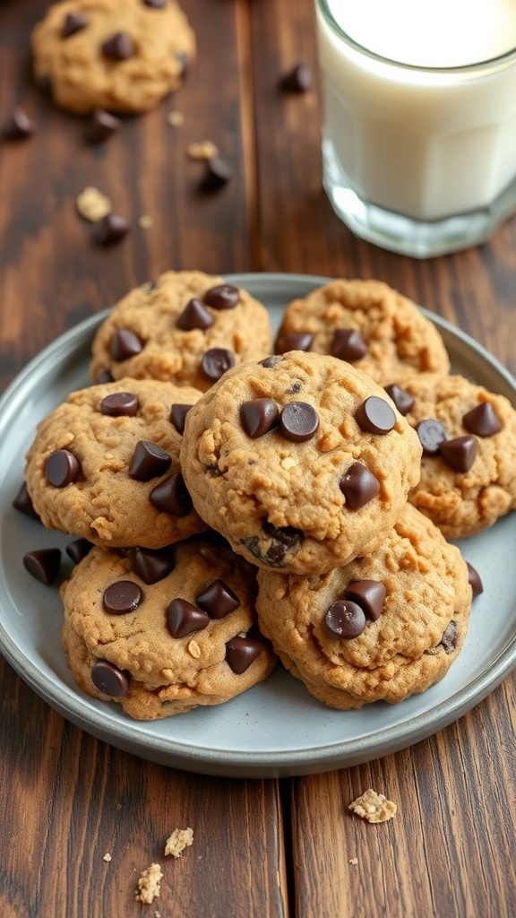 Easy 4-Ingredient Chocolate Chip Oatmeal Cookies A plate of chocolate chip oatmeal cookies with chocolate chips and a glass of milk on a wooden table.